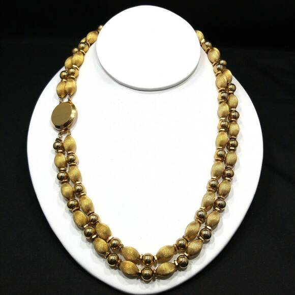 Vintage Gold Plated Double Strand Beaded Necklace, Satin & Smooth Beads 1950s - Picture 3 of 10